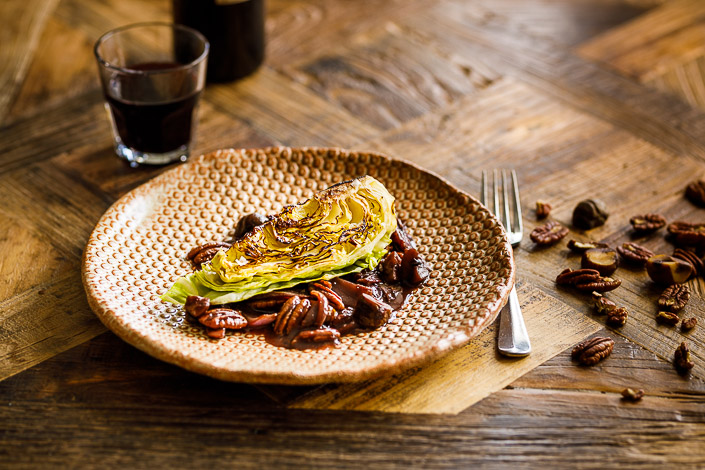 Charred Hispi Cabbage with Pecans and Chestnuts