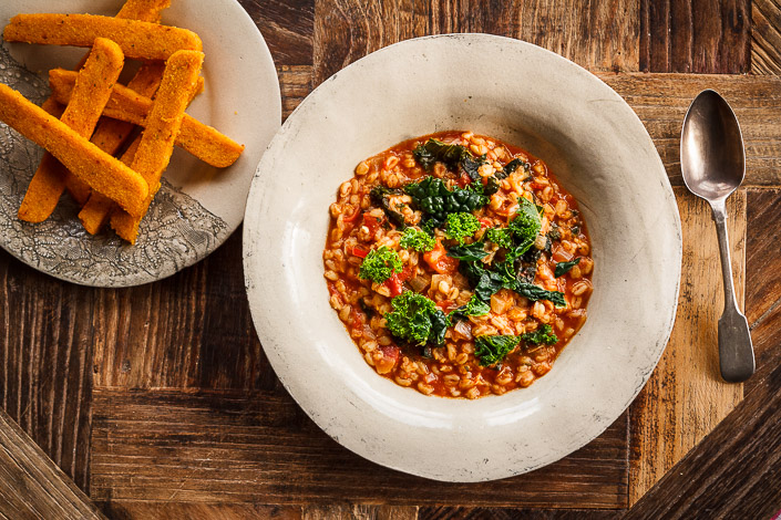 Kale and Spelt Soup with Rosemary Polenta Chips
